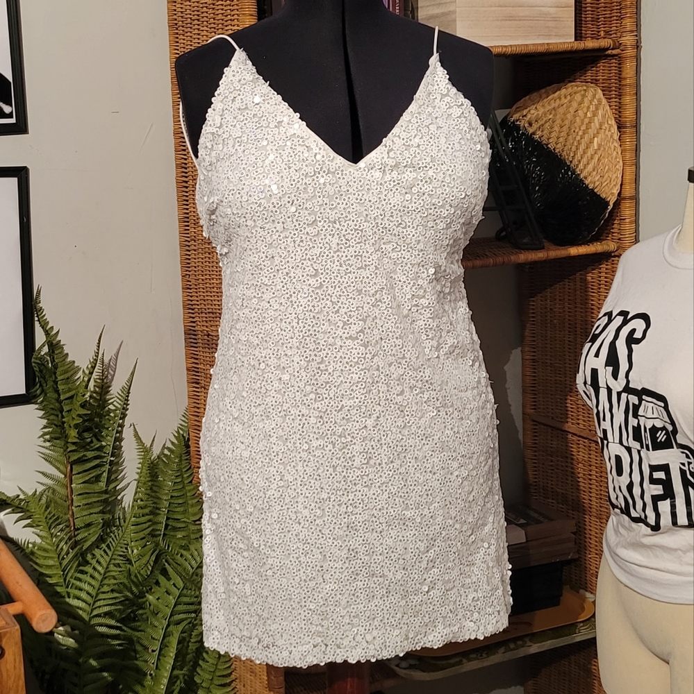 Lulu's white sequins mini backless dress